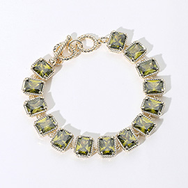 14K Gold Plated CZ Emerald Cut Stone Cluster Link Evening Toggle Bracelet