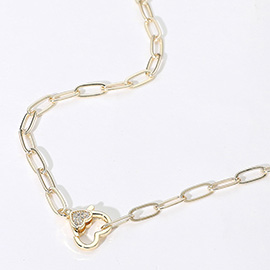 14K Gold Plated CZ Stone Paved Heart Clasp Pointed Paperclip Chain Necklace
