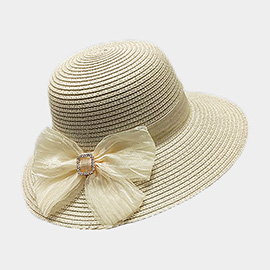 Fabric Bow Band Accented Straw Sun Hat