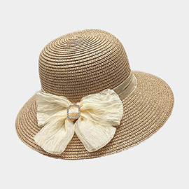Fabric Bow Band Accented Straw Sun Hat