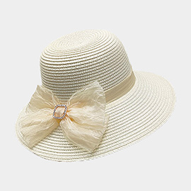Fabric Bow Band Accented Straw Sun Hat