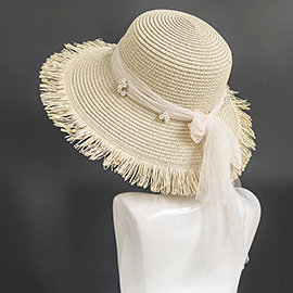 Pearl Embellished Mesh Bow Pointed Wide Brim Straw Sun Hat