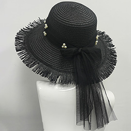 Pearl Embellished Mesh Bow Pointed Wide Brim Straw Sun Hat