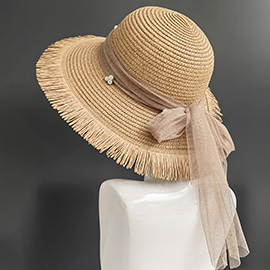 Pearl Embellished Mesh Bow Pointed Wide Brim Straw Sun Hat