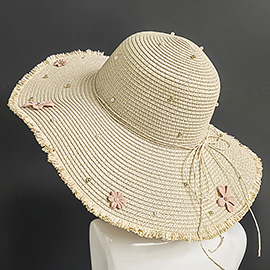 Flower Pearl Applique Embellished Wide Brim Straw Sun Hat