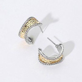 14K Gold Plate Two Tone CZ Stone Paved Rim Textured Hoop Earrings