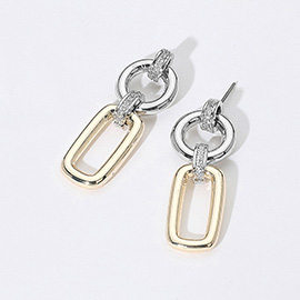 14K Gold Plated Two Tone CZ Stone Paved Link Geometric Drop Earrings