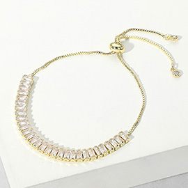 Stainless Steel Emerald Cut CZ Stone Tennis Chain Pull Tie Adjustable Bracelet