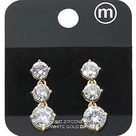Gold Dipped Triple Round CZ Stone Cluster Drop Evening Earrings
