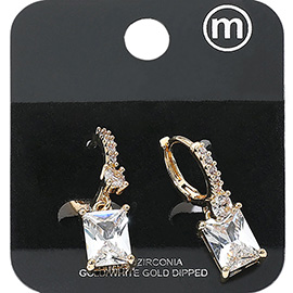 Gold Dipped Rectangle CZ Stone Cluster Dangle Hoop Evening Earrings