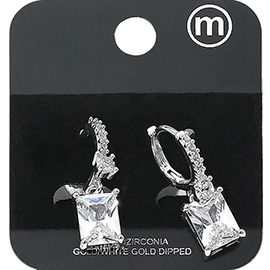 Gold Dipped Rectangle CZ Stone Cluster Dangle Hoop Evening Earrings