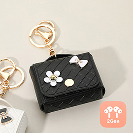 Flower Bow Charm Embellished Faux Leather Mini Purse Keychain / Bag Charm