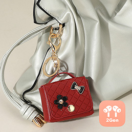 Flower Bow Charm Embellished Faux Leather Mini Purse Keychain / Bag Charm