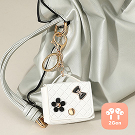 Flower Bow Charm Embellished Faux Leather Mini Purse Keychain / Bag Charm