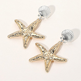 Two Tone Sea Shell Pointed Textured Metal Starfish Dangle Earrings