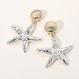 Two Tone Sea Shell Pointed Textured Metal Starfish Dangle Earrings