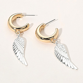 Two Tone Textured Metal Wing Dangle Hoop Earrings