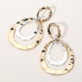 Two Tone Hammered Metal Double Open Teardrop Dangle Earrings