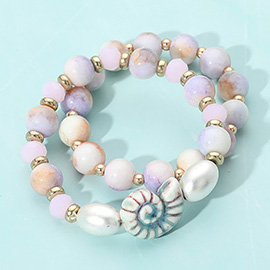 2PCS - Ceramic Snail Conch Shell Pearl Natural Stone Beaded Stretch Multi Layered Bracelets