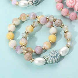 2PCS - Ceramic Snail Conch Shell Pearl Natural Stone Beaded Stretch Multi Layered Bracelets