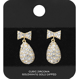 Gold Dipped CZ Stone Paved Bow Teardrop Dangle Earrings