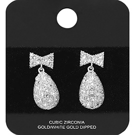 Gold Dipped CZ Stone Paved Bow Teardrop Dangle Earrings