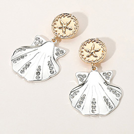 Two Tone Sand Dollar Pointed Stone Paved Sea Shell Dangle Earrings