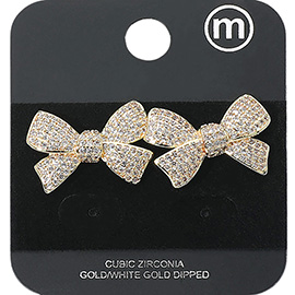 Gold Dipped CZ Stone Paved Bow Stud Earrings