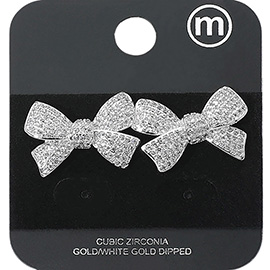 Gold Dipped CZ Stone Paved Bow Stud Earrings