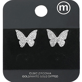 Gold Dipped CZ Stone Paved Butterfly Stud Earrings