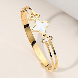 Stainless Steel Mother of Pearl Clover Pointed Hinged Bangle Bracelet