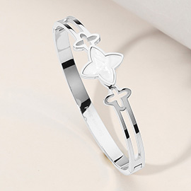 Stainless Steel Mother of Pearl Clover Pointed Hinged Bangle Bracelet