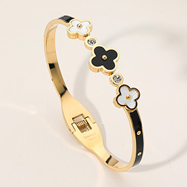 Stainless Steel Triple Quatrefoil Pointed Hinged Bangle Bracelet