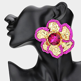 Oversized Stone Pointed Enamel Painted Rim Hammered Metal Flower Earrings