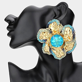 Oversized Stone Pointed Enamel Painted Rim Hammered Metal Flower Earrings