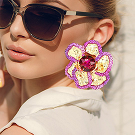 Oversized Stone Pointed Enamel Painted Rim Hammered Metal Flower Earrings