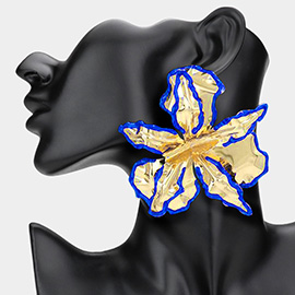 Oversized Enamel Painted Rim Hammered Metal Flower Earrings