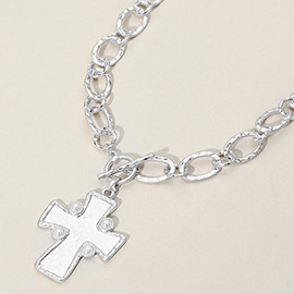 Pearl Pointed Hammered Matte Metal Cross Pendant Chunky Chain Necklace