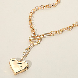 Hammered Metal Heart Chunky Paperclip Chain Toggle Necklace