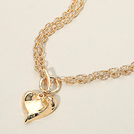 Textured Metal Heart Toggle Pendant Multi Layered Chain Strand Necklace