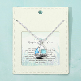 Sea Glass Stone Paved Sailboat Message Pendant Necklace