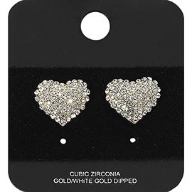 Gold Dipped CZ Stone Paved Heart Stud Earrings