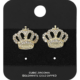 Gold Dipped CZ Stone Paved Crown Stud Earrings