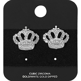 Gold Dipped CZ Stone Paved Crown Stud Earrings