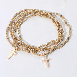 5PCS - Cross Charm Pointed Seed Beaded Stretch Multi Layered Bracelets