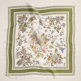 Butterfly Flower Garden Printed Square Silky Satin Scarf