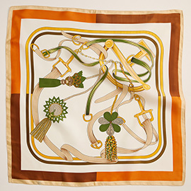 Equestrian Inspired Tassel and Buckle Printed Square Silky Satin Scarf