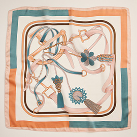 Equestrian Inspired Tassel and Buckle Printed Square Silky Satin Scarf