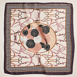 Rose Bouquet Houndstooth Printed Square Silky Satin Scarf
