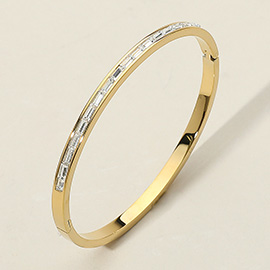 SECRET BOX_Baguette Stone Embellished Stainless Steel Hinged Bangle Bracelet
